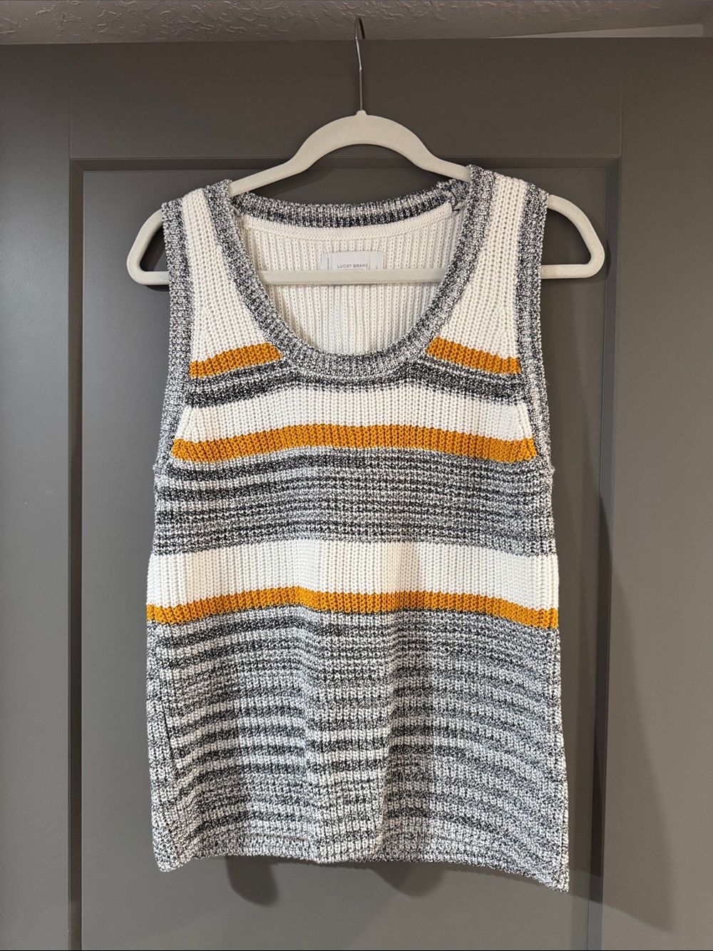 Lucky Brand Striped Scoop Neck Knit Tank - White, Gray & Mustard